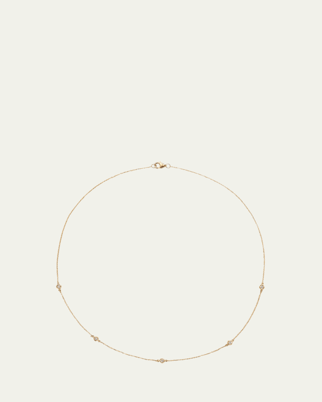 14K Yellow Gold Station Necklace with Rolo Chain and White Diamonds, 15"L